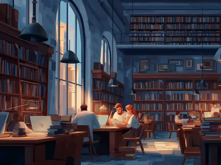 People sit at library tables surrounded by tall bookshelves while learning languages near large windows.