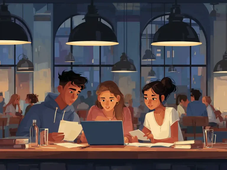 Four people sit in a cafe with coffee and laptops while focused on learning languages.