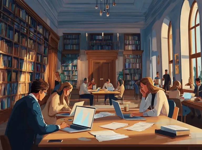 A person works on a laptop at a library table surrounded by books for learning languages.