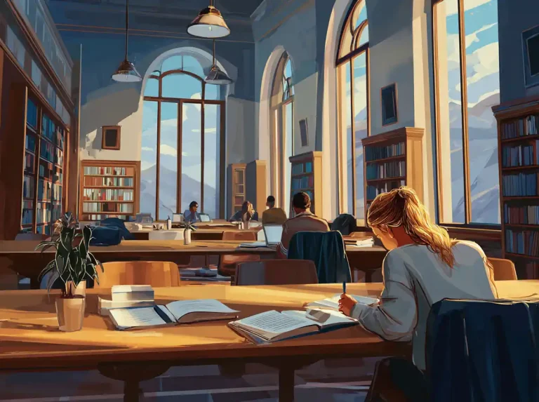 A person in a blue shirt writes in a notebook at a library table for learning languages.