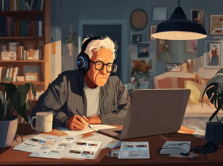 An older man wearing glasses and headphones uses a laptop to learn languages at night.