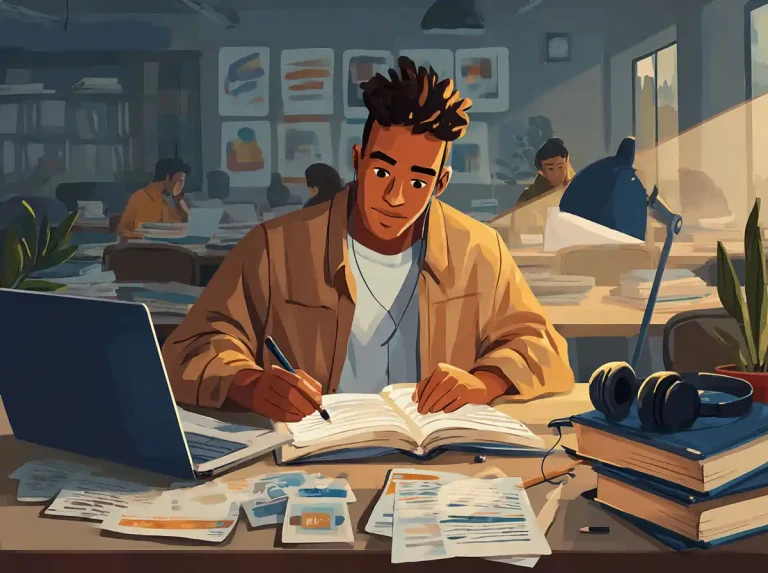 A young man with short dreads writes in a notebook with a laptop nearby while learning languages.