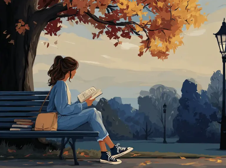 A young woman sits on a bench under a tree and reads a book to learn languages at park.