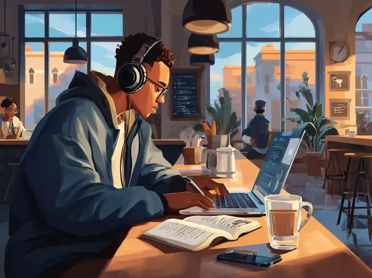 A man with glasses and headphones works on a laptop to learn languages in a coffee shop.