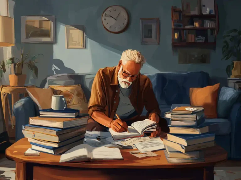 A senior man writes in a study book for the purpose of learning languages at a table.