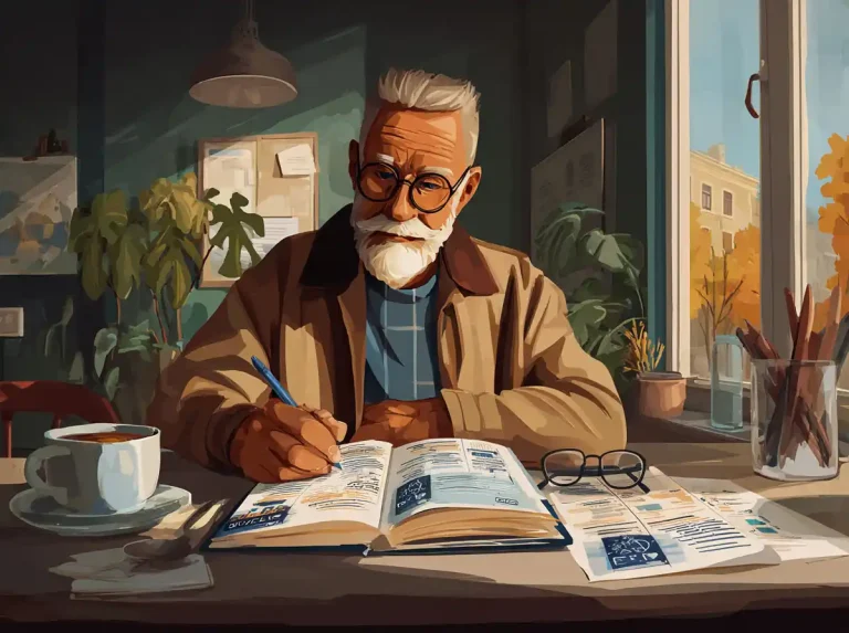 An older man with a white beard writes in a large textbook to learn languages at home.