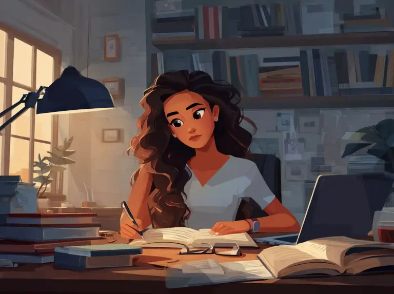A young woman with curly hair writes in a book while learning languages at her desk during sunset.