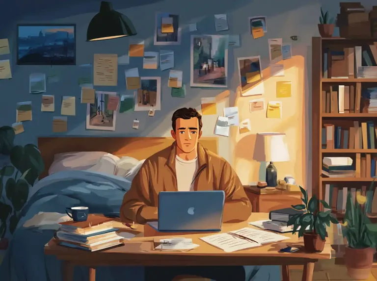 A man focuses on his laptop while learning languages at a desk surrounded by bookshelves.