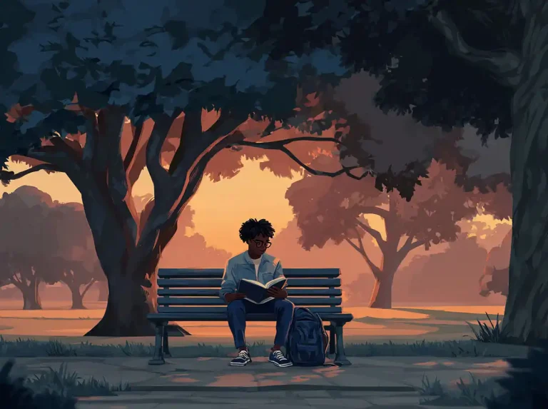 A person sits alone on a park bench under a tree at sunset while learning languages from a book.