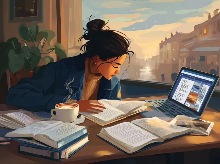 A woman reads several open books while learning languages at a table during a golden sunset.