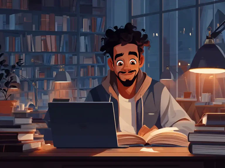 A person with curly hair smiles while looking at a laptop and open book to learn languages at night.
