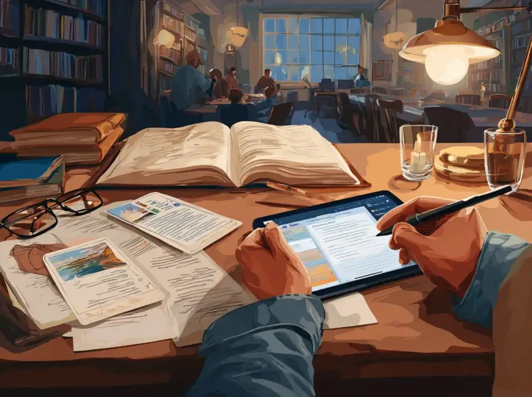 A close-up view shows a person using a digital tablet and stylus while learning languages in a library.