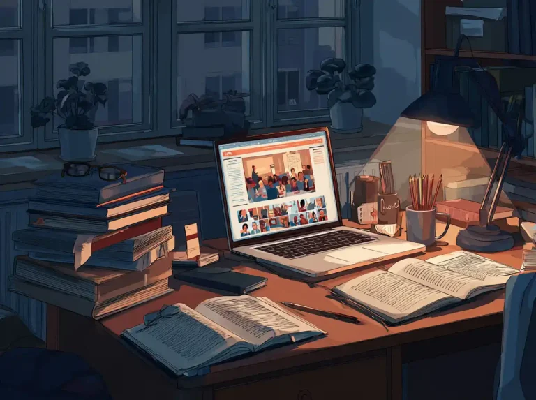 A close-up view of a laptop and books on a desk used for learning languages at night.