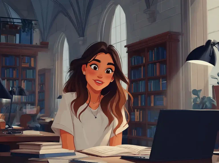 A young woman smiles while sitting at a library table with an open book for learning languages.