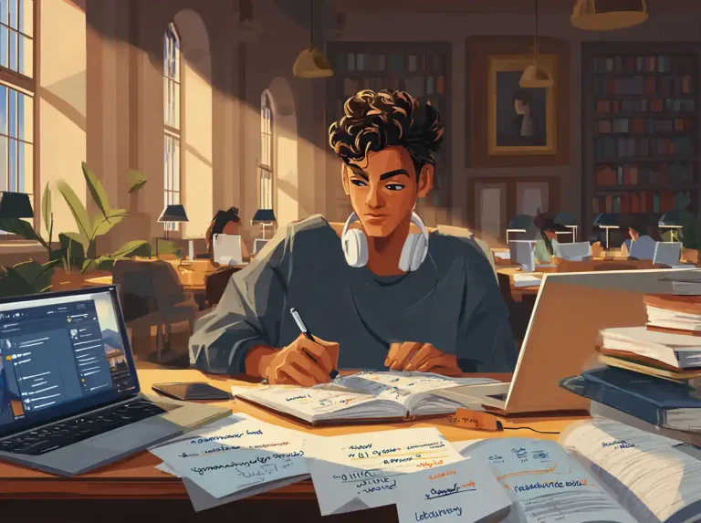 A young person wearing headphones writes in a notebook at a desk while learning languages in a bright hall.