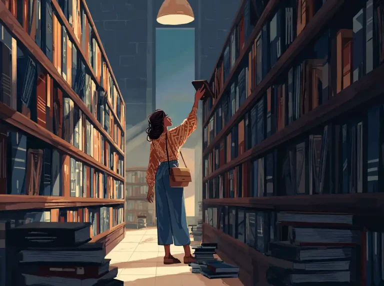 A woman reaches for a book on a tall shelf in a quiet library while learning languages.