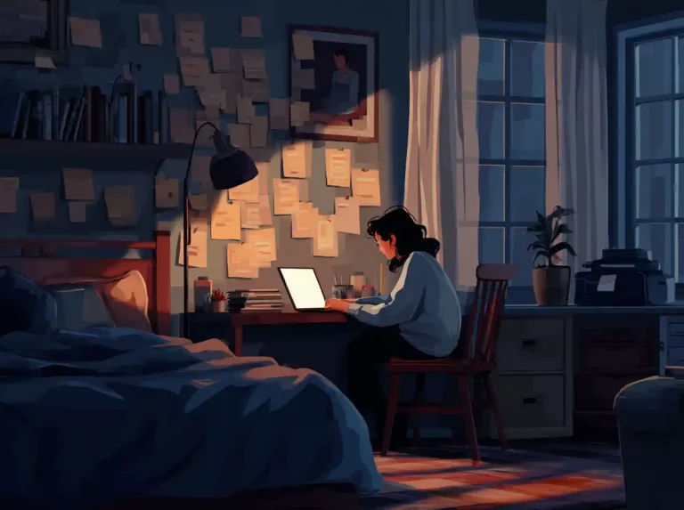 A person works on a laptop to learn languages in a room with many notes pinned to the wall.