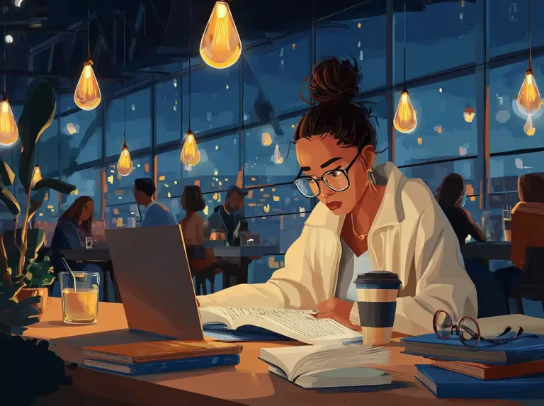 A woman with glasses reads an open book while learning languages in a cozy, lit cafe.