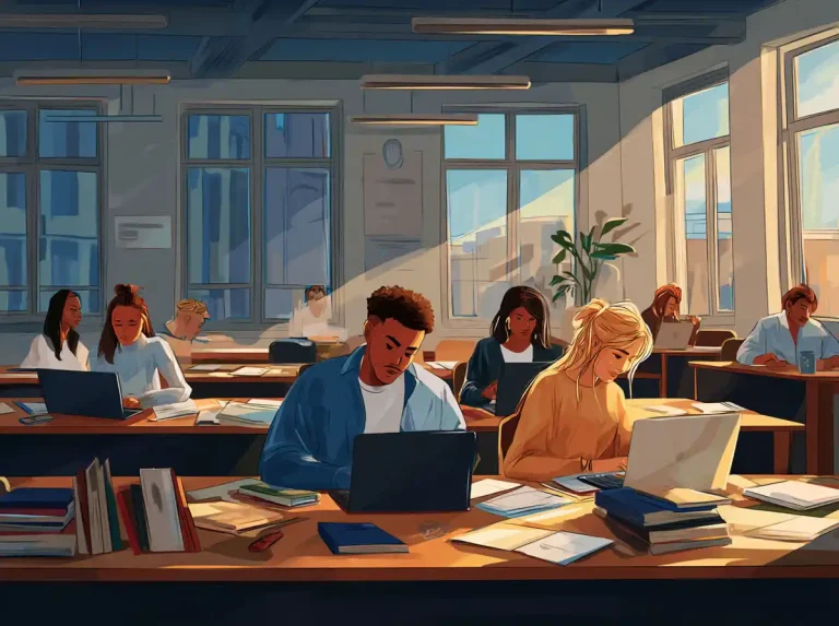 Many students occupy rows of long desks in a bright, modern library hall for learning languages.