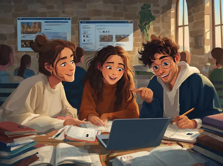 A laptop is shared by three students pointing at the screen while learning languages.