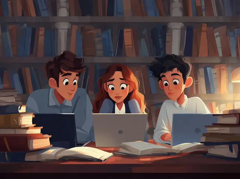 Laptop screens are watched by three students while learning languages in front of a bookshelf.