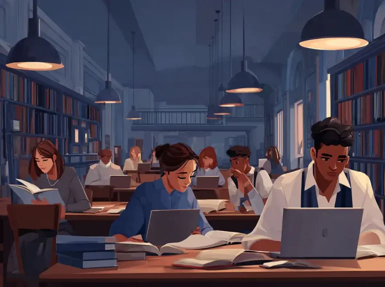 Students work at laptops under low pendant lighting while learning languages at night in a university library.