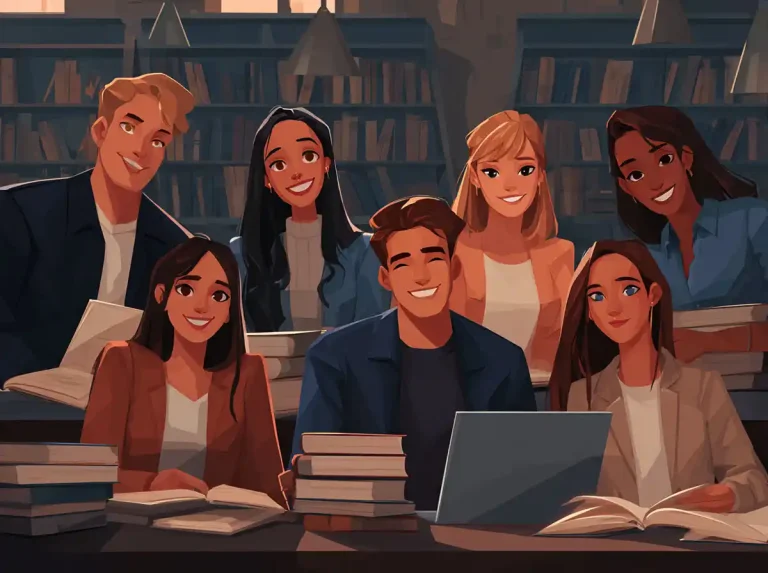 Seven students smile while sitting at a library table with books for learning languages.