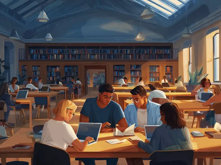 Four students sit at a library table in a large, sunlit hall for learning languages.