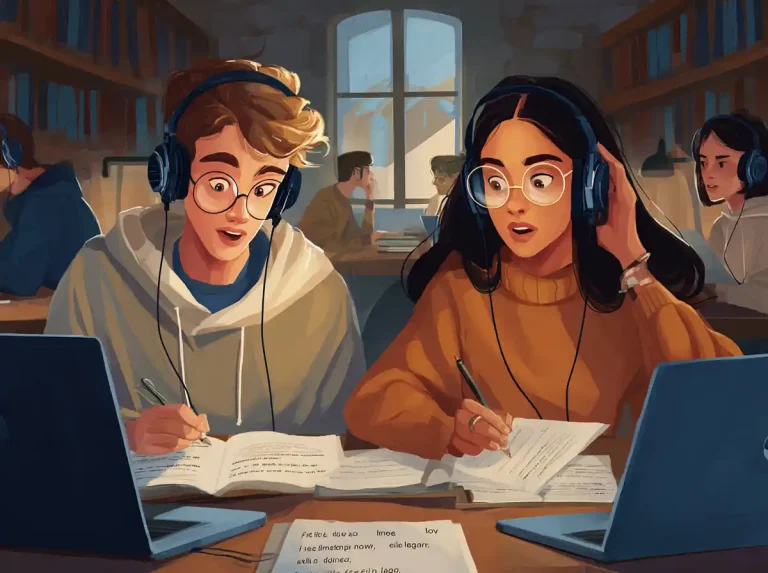 Study sheets are read by two surprised students while learning languages in a quiet university library.