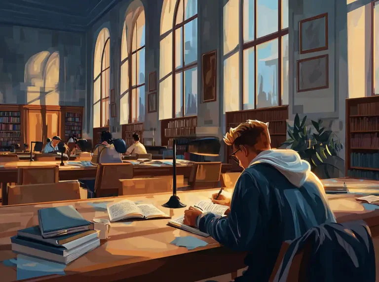 A student writes in a notebook at a sun-drenched library desk while learning languages.