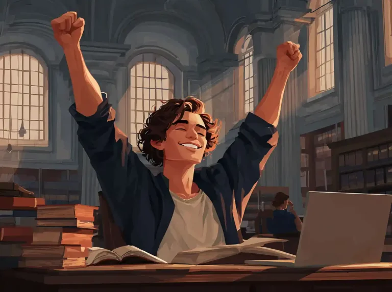 A happy student cheers at a library desk with books while learning languages on a laptop.