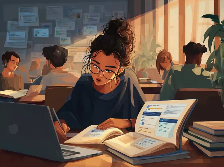 A girl with glasses and a bun takes notes while learning languages in a bright study space.