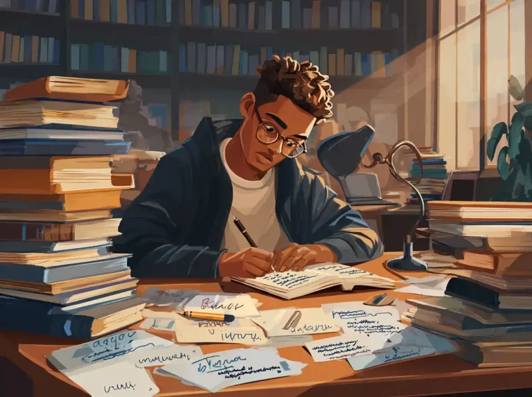 A young man with curly hair and glasses writes at a sunlit desk for the purpose of learning languages.