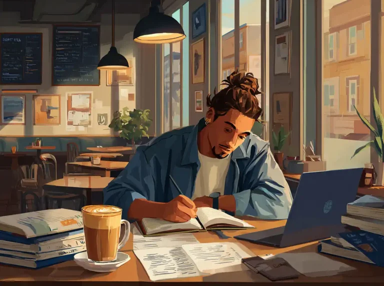 A man with a top-knot writes in a notebook while learning languages in a sunny coffee shop.