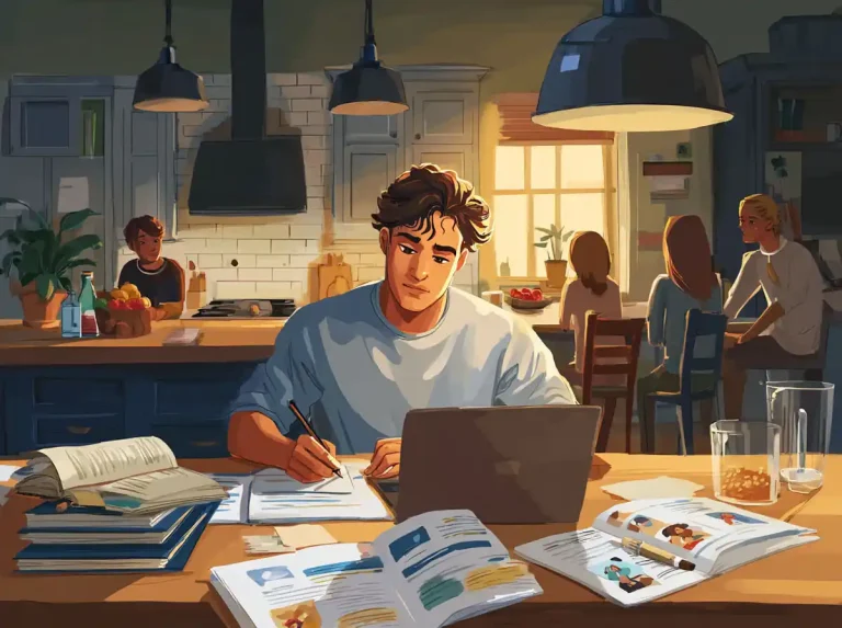 A young man uses his laptop for learning languages at a desk in a warm kitchen.