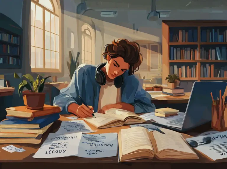 A student with headphones on writes in a large book at a sunny library table while learning languages.