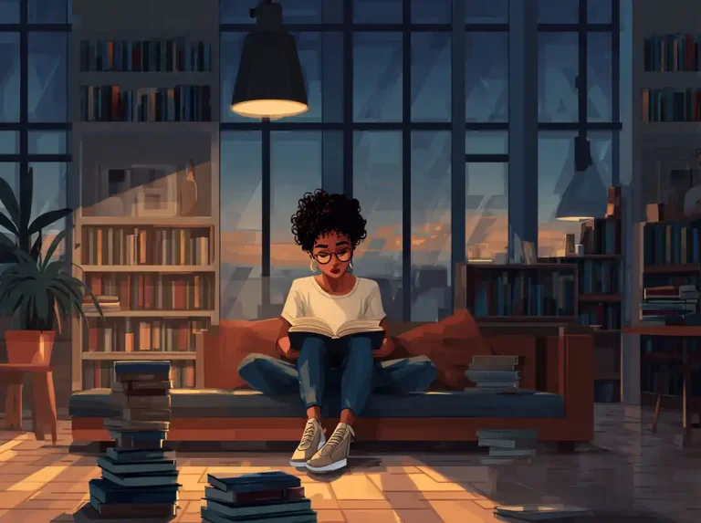 A person sits comfortably on a sofa while learning languages from a book in a library.