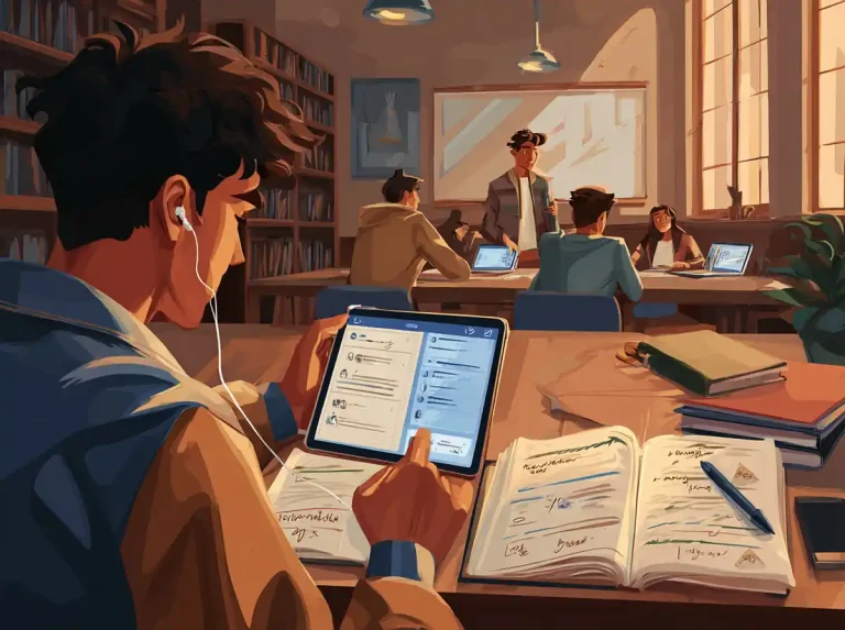 A student wearing headphones uses a tablet while learning languages in a crowded classroom.