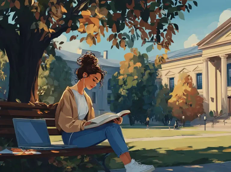 A student sits on the bench and reads an open book while learning languages on a sunny day.