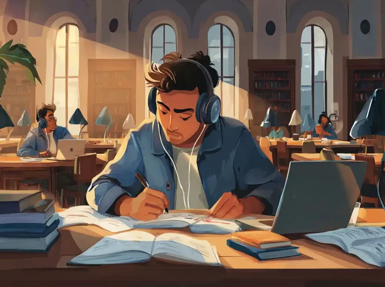 A student with headphones writes in a notebook while learning languages in a bright library hall.