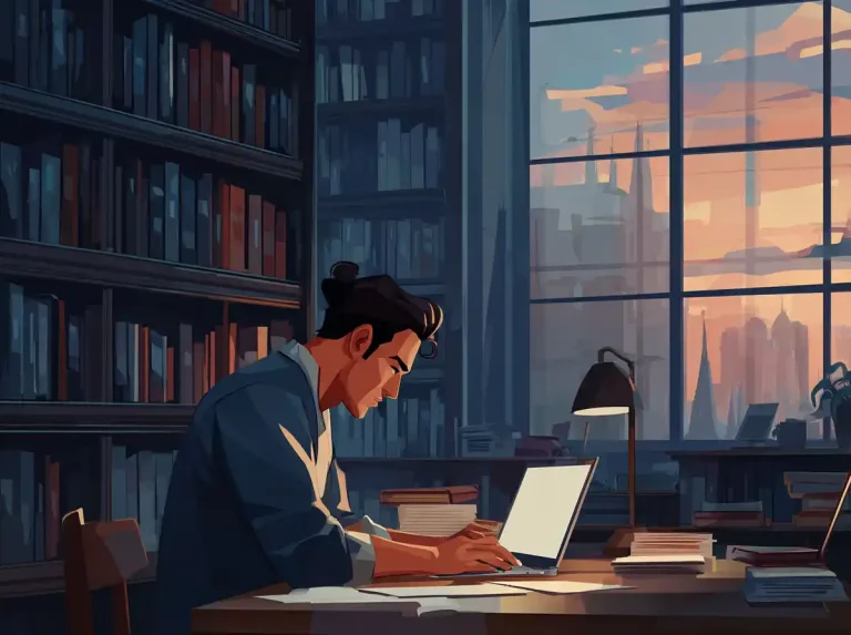 A person works on a laptop to learn languages near large library windows at dusk.