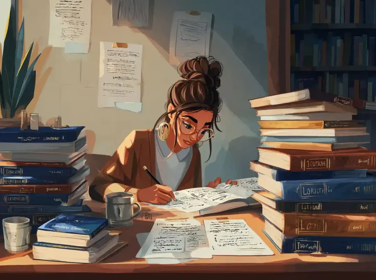 A girl with a bun and glasses writes notes while learning languages among massive piles of books.