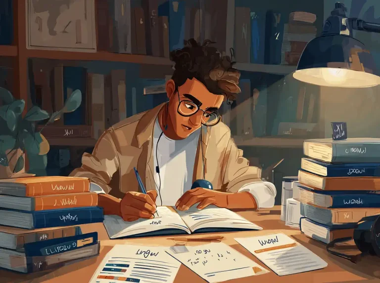 A young man with glasses and headphones writes in a notebook to learn languages at a desk.