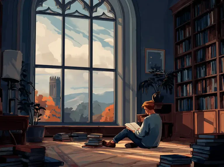 A young man sits on the library floor reading a book while learning languages by a large window.