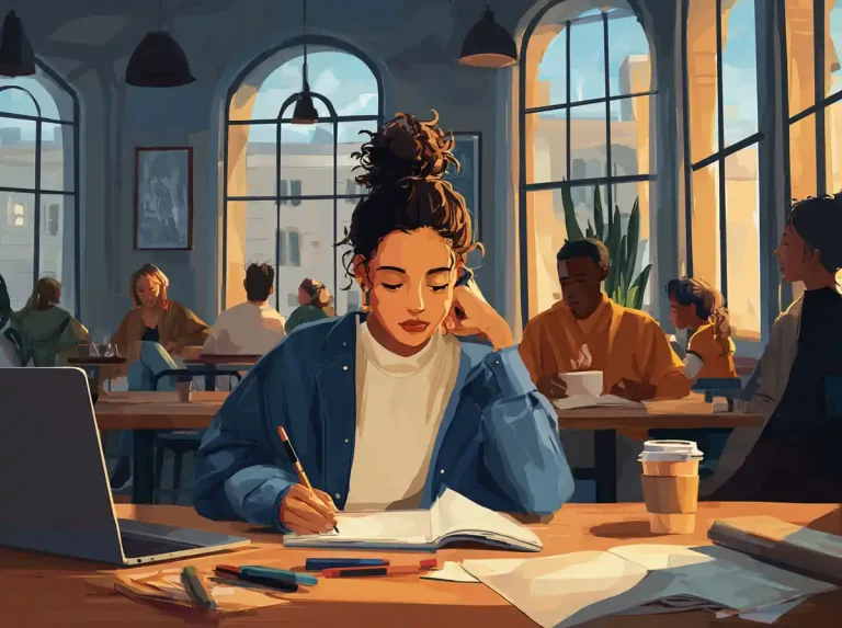 A student with a bun writes in her journal to learn languages in a bright study area.