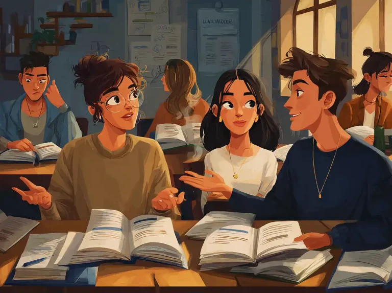 A group of focused students sits at a large wooden table while learning languages from open textbooks.