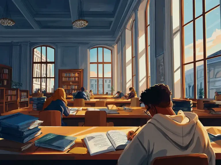 A student in the foreground reads a book at a library table while learning languages.