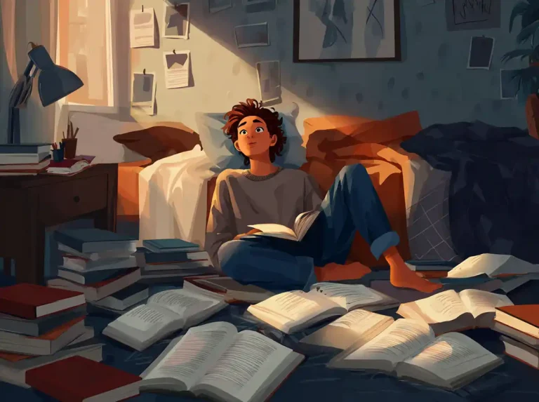 A young person sits on the floor surrounded by many open books for learning languages.