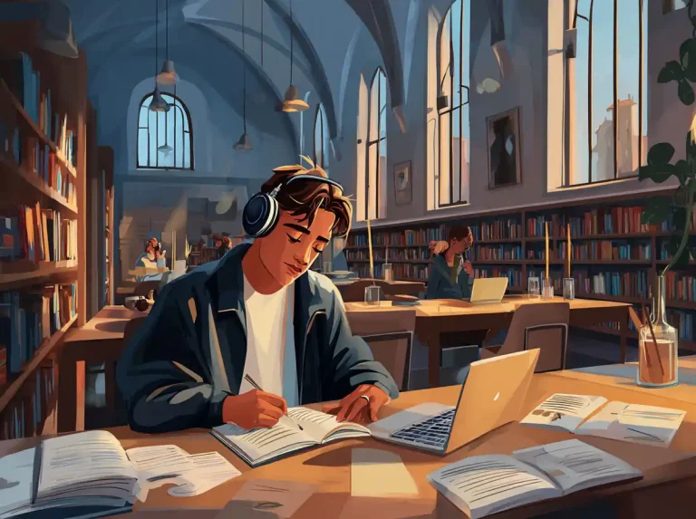 A student in a blue hoodie writes notes for learning languages at a long library table.