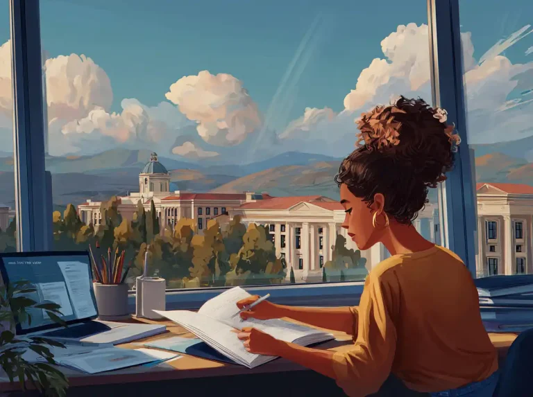 A woman writes in her textbook for the purpose of learning languages at a bright library desk.